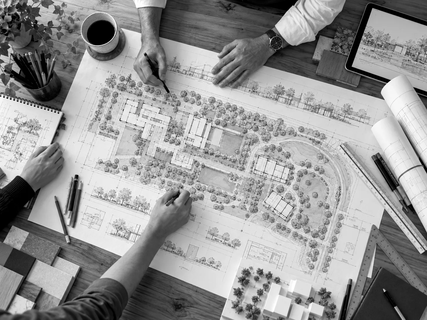 تصميم عام قيد الرسم على طاولة مهندس معماري، من الأعلى